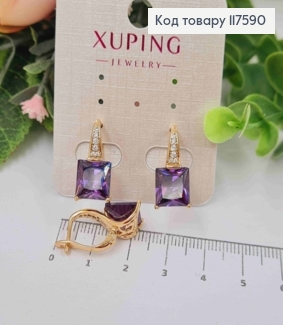 Серьги с квадратным Фиолетовым камнем, 1,9см, английская застежка, XUPING 18K 117590 фото