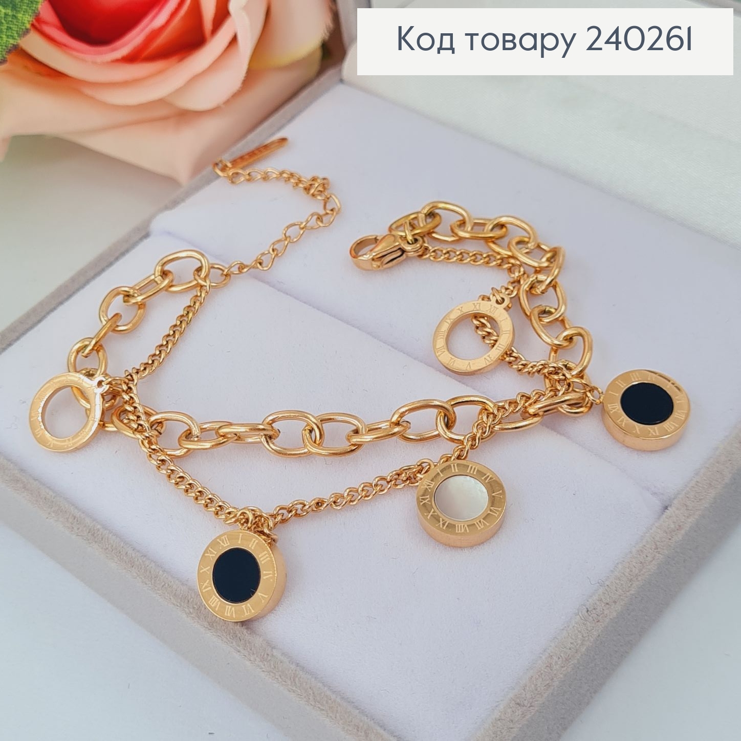 Браслет 16+5 см Римские часы с двусторонней чорно-белой эмалью, цвет золотой, Stainless Steel 240261 фото 1