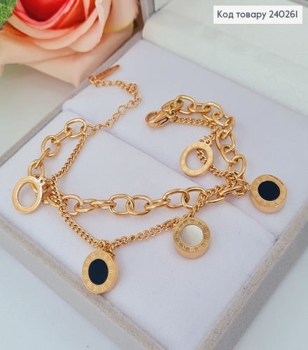 Браслет 16+5 см Римские часы с двусторонней чорно-белой эмалью, цвет золотой, Stainless Steel 240261 фото 1