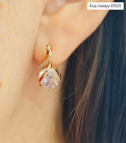 Серьги "Желание" с большим Блестящим и маленькими камешками, 1,6см, англ. застежка, Xuping 18К 117623 фото 3