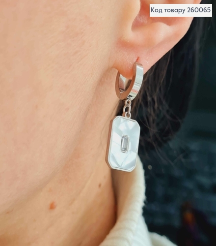 Серьги кольца 1,3см+ подвеска с белой эмалью 1,6см, серебряного цвета, сталь Stainless Steel 260065 фото 2