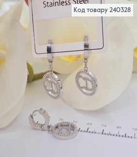 Серьги кольца серебряного цвета с подвеской "СD" в камнях сталь Stainless Steel 240328 фото
