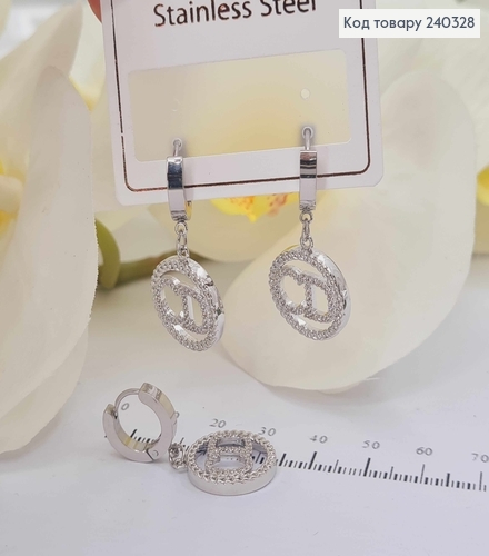 Серьги кольца серебряного цвета с подвеской "СD" в камнях сталь Stainless Steel 240328 фото 1