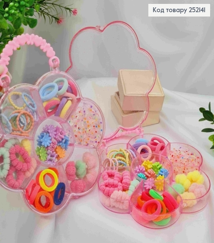Набір дитячий : резинки Мікрофібра/ Шнурок/ Силіконова +  Крабіки "Квітка", Яскраві кольори в асорти 252141 фото 1