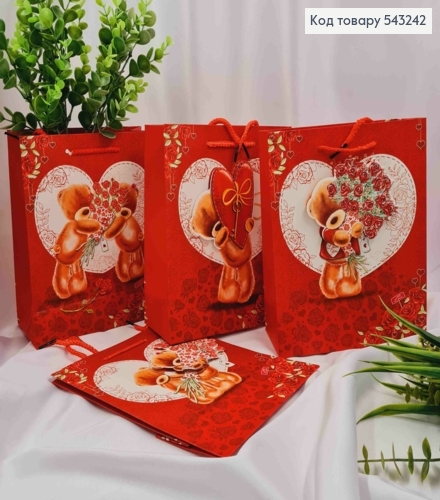 Пакет бумажный с 3D наклейкой "Медвежонок с Цветами" "Love You", 23*18*10см, в ассортименте 543242 фото 1