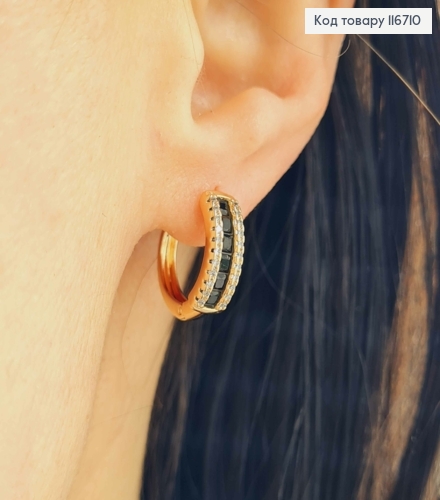 Серьги кольца, с черными камешками, диаметр 1,5см, Xuping 18K 116710 фото 1