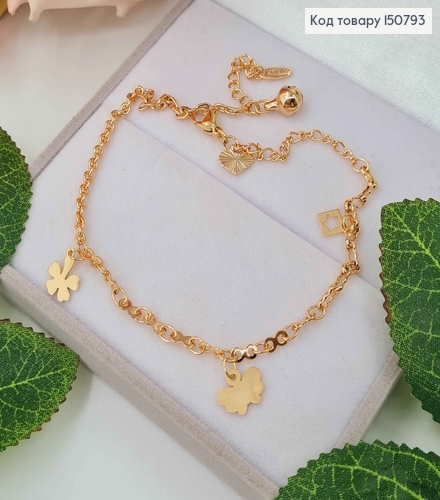 Браслет на ногу, с подвесками звездочкой, бабочкой и четырехлистником, дл.25+3см, Xuping 18К 150793 фото 1