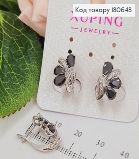 Сережки родированые, половина цветка с чорными камнями 1,1см, Хuping 180648 фото
