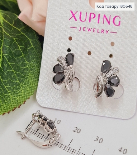 Сережки родированые, половина цветка с чорными камнями 1,1см, Хuping 180648 фото 1