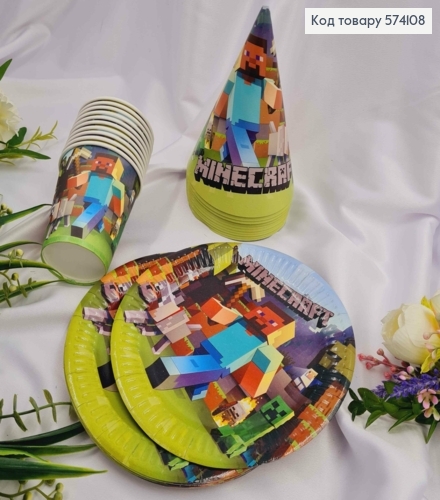 Набір паперовий , святковий, "MINECRAFT", по 10шт стаканчиків, тарілочок, ковпачків, Україна 574108 фото 1