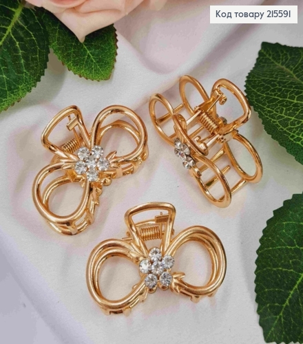 Краб метал "Безкінечність" з Квіткою з камінців, 4,5см, золотого кольору 215591 фото 1