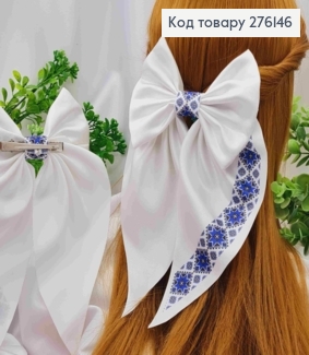 Бант БІЛИЙ з Фіолетовим орнаментом, на заколці 6,5см,тканина цупкий атлас, роз 13*23см, ручна робота 276146 фото