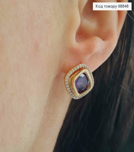 Серьги "Глаза Сфинкса" с Фиолетовым камнем в оправе из камешков, 1,4см, англ. застежка, Xuping 18К 118848 фото 2
