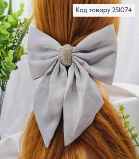 Бант СІРОГО кольору з камінцями, на заколці автоматик, тканина атлас, розмір 15*17см 251074 фото