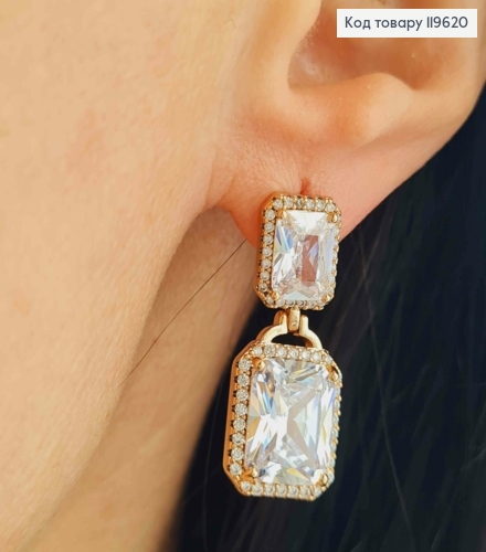 Серьги гвозди с двумя квадратными блестящими камешками, дл. 2,8см, Xuping 18К 119620 фото 2