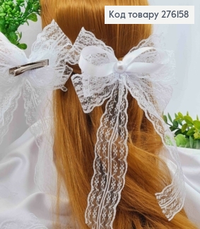 Бант БІЛОГО кольору, на заколці 5,5см, тканина мереживо+атлас, розмір 15*25см, Україна 276158 фото