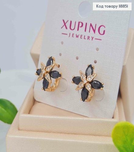 Сережки "Зоряна Квітка" з Чорними та Блискучими камінцями, 1,5см, англійська застібка, Xuping 18К 118851 фото 2