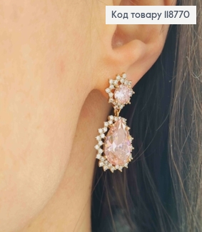 Серьги гвоздики подвески с большими розовыми камешками, 3*1,2 см, XUPING 18K 118770 фото