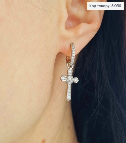 Серьги кольца, подвесками крестиками в камешках, 1.5см, Xuping 181036 фото 2