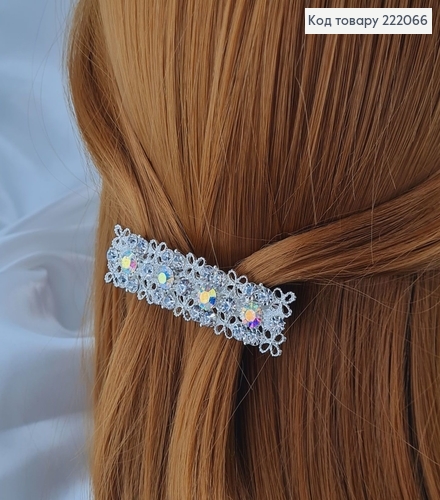 Заколка Автоматик метал сербро 6,5см, прямокутная в камнях 222066 фото 1