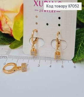 Сережки кільця 1см, з підвіскою Кубиком в камінцях, Xuping 18K 117052 фото