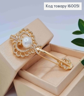 Брошка "Золотий Ключик" прикрашена Блискучими камінцями та Перлинкою,  5,8см, Xuping 18к 160051 фото