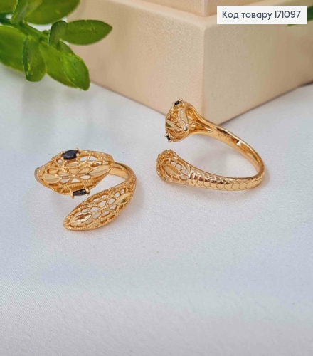 Перстень Ажурный, "Змея" с Черными камешками Очима, Xuping 18К 171097 фото 1