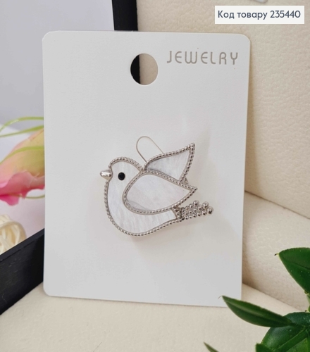 Брошка ПТАШКА з Перламутровою емаллю, 4см, Срібного кольору 235440 фото 1