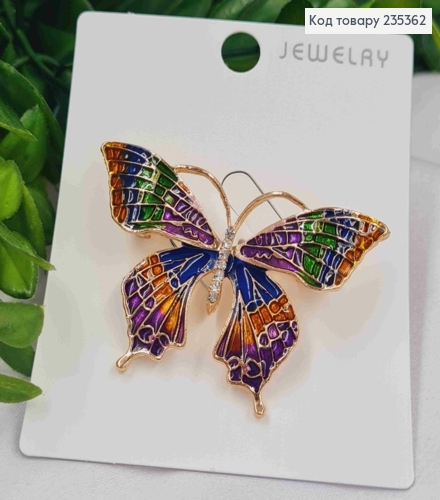 Брошь, "Бабочка" с камешками, Фиолетово-Зелено-Синих цветов, размер 5*3см, золотого цвета 235362 фото 1