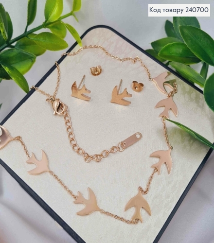 Набор "Ласточки": Цепочка(38+5), Серьги гвоздики(1,2см), Медного цвета, Stainless Steel 240700 фото 1