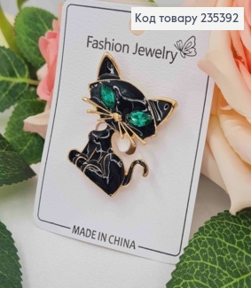 Брошь, "Котик" с Зелеными глазами, 3,5см, Черного цвета 235392 фото