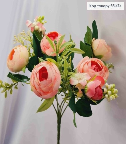 Искусственная композиция Пионовидные Розы, РОЗОВОГО цвета, 7 веточек на металлическом стержне, высота 34см. 551474 фото 1