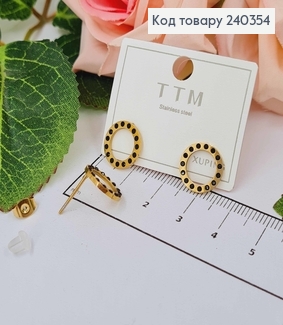 Серьги гвоздики золотого цвета. Колечко с черными пятнышками, сталь Stainless Steel 260011 фото