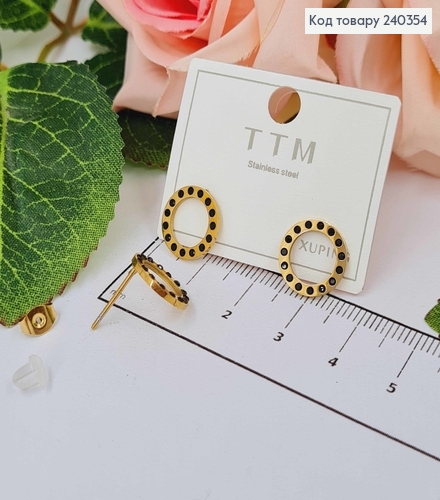 Серьги гвоздики золотого цвета. Колечко с черными пятнышками, сталь Stainless Steel 260011 фото 1