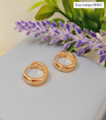Серьги кольца украшены двумя Блестящими камешками, ширина 4мм, диаметр 1,3см, Xuping 18К. 118363 фото 2