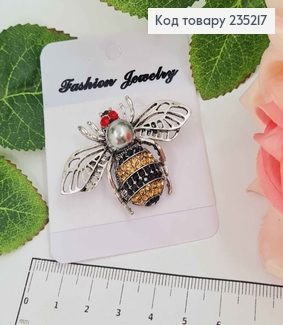 Брошь металл Муха серебро с желтыми камешками 5х3,5см 235217 фото