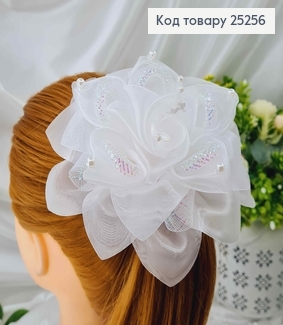 Резинка, Бант Белый, Органза, с блестящей трубочкой, жемчугом и пласт. усиками, 16см, руч раб, Украина 25256 фото