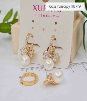Серьги кольца в камешках со сменним Бантиком и Жемчужкой, диаметр 1,2+1,5см, XUPING 18K 118719 фото