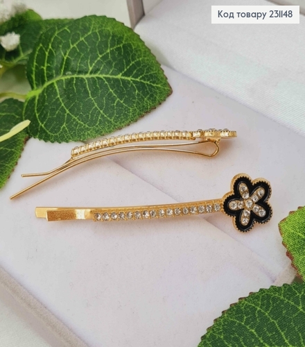 Набор невидимок (2шт) 6,5см, в камешках, с цветочком с черной эмалькой, 2шт/наб. 231148 фото 2