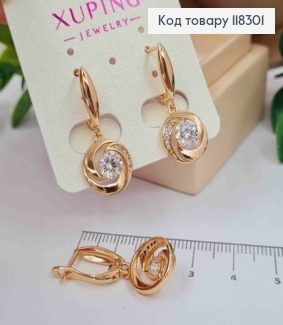 Сережки з рухливою підвіскою в Блискучих камінцях, 1,5+1,3см, англ. застібка, XUPING 18К 118301 фото