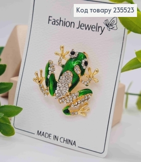 Брошь металл "Зеленый Лягушонок" украшена Блестящими камешками, 3,5*3см, Золотого цвета 235523 фото