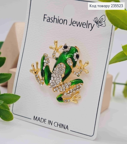 Брошь металл "Зеленый Лягушонок" украшена Блестящими камешками, 3,5*3см, Золотого цвета 235523 фото 1
