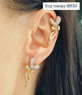 Серьги гвозди + каффи, Сердце в камешках с Бантиком, 3,2см. XUPING 18K 118530 фото