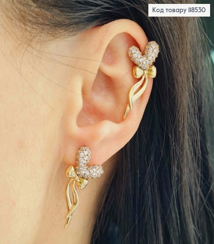 Серьги гвозди + каффи, Сердце в камешках с Бантиком, 3,2см. XUPING 18K 118530 фото 1