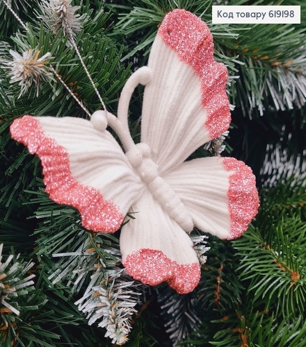 Новогодняя фигура Бархат Бабочка БЕЛАЯ+РОЗОВЫЙ блеск, 11*10см, Украина 619198 фото 1