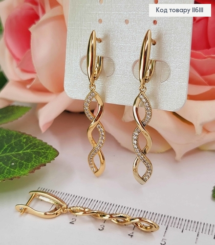 Серьги, "Спираль" с подвесками в камешках 3,5см, англ. застежка, Xuping 18К 116111 фото 1