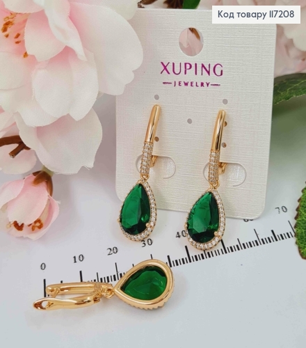 Серьги подвески с большим ЗЕЛЕНЫМ камнем, длина 2+1,5см, XUPING 18K 117208 фото 1