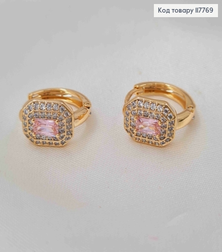 Серьги кольца (1,6см) с Квадратным Розовым камешком, Xuping 18К 117769 фото 2