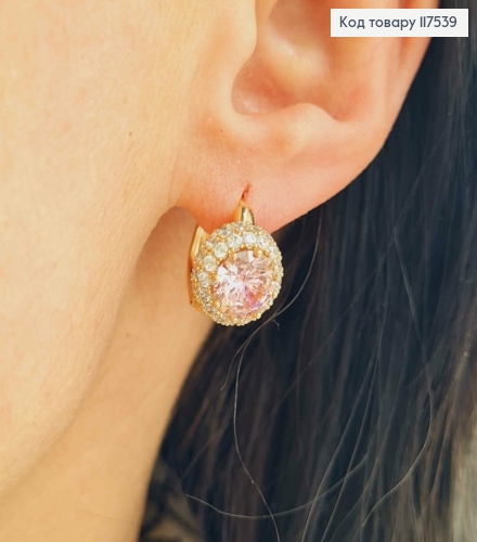 Серьги кольца с Большим Розовым Камнем в оправе из камешков, 1,6см, Xuping 18K 117539 фото 2