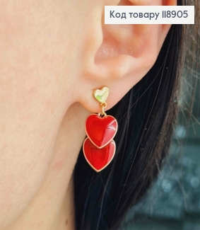 Серьги гвоздики, с подвесными сердцами красного цвета, длина 2,5см, XUPING 18K 118905 фото